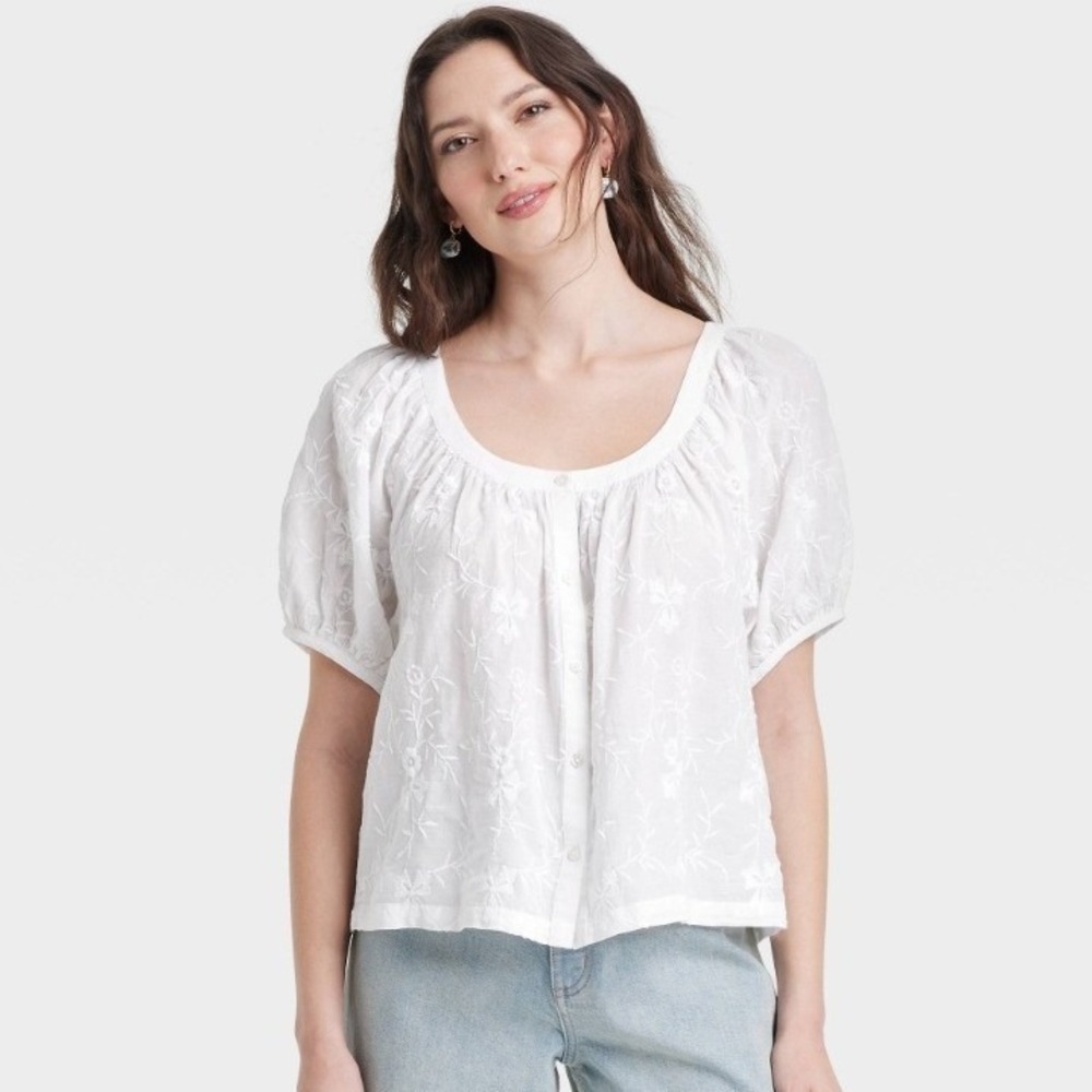 Universal Thread Puff Short Sleeve Embroidered Peasant Blouse XL White Cotton